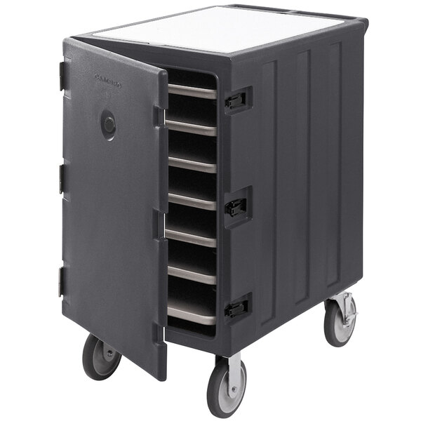 A black plastic storage cart with wheels and open doors.
