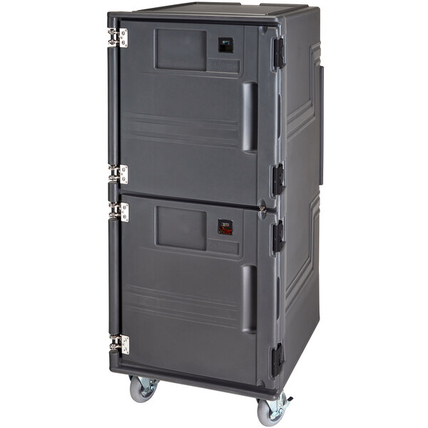 A grey plastic Cambro container with a door on wheels.