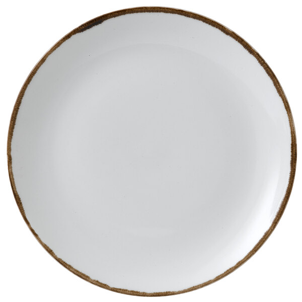 A Dudson Harvest china plate with a brown rim.