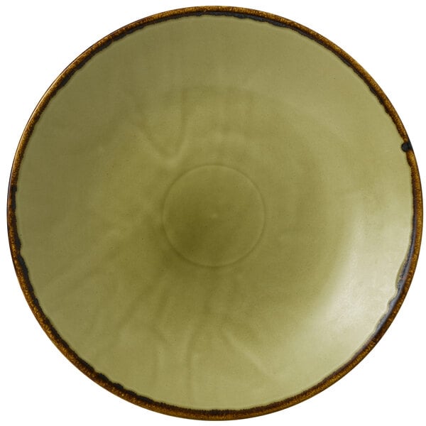 A close up of a Dudson Harvest green china plate with a brown rim.