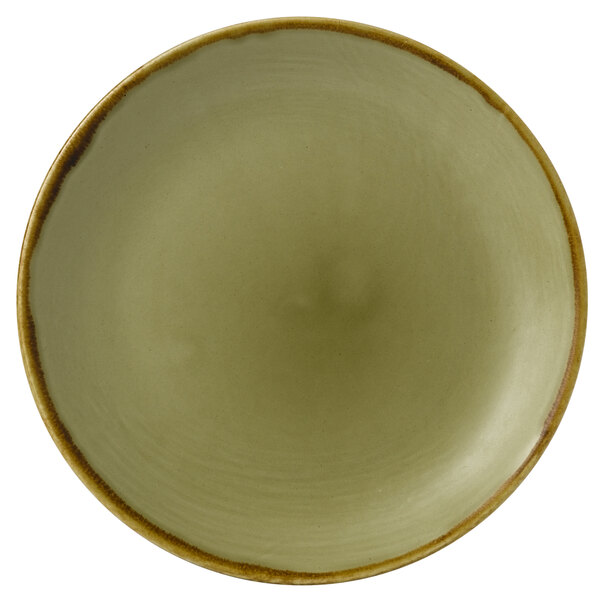 A close-up of a green Dudson Harvest china plate with a brown rim.