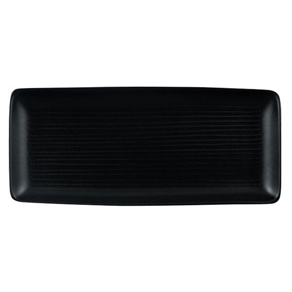 A black rectangular Dudson Evo stoneware platter.