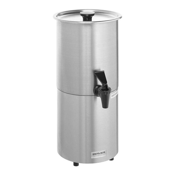 A silver stainless steel Server syrup warmer with a black handle.