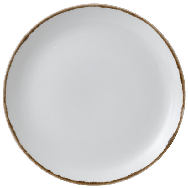 A white Dudson Harvest china plate with a brown rim.