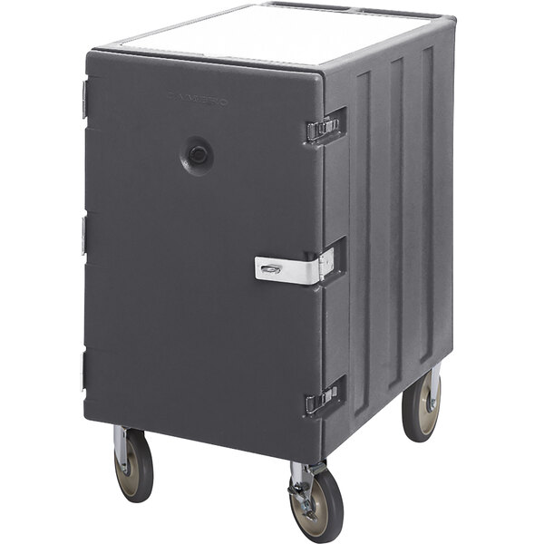 A grey plastic Cambro food storage container with casters and a door.