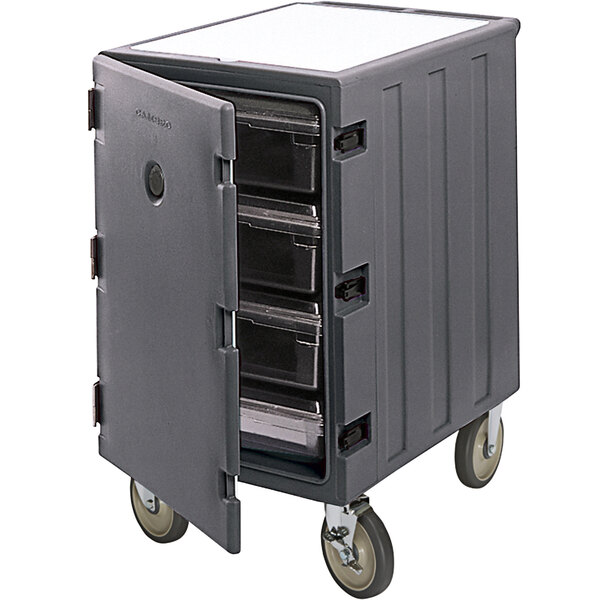 A grey plastic Cambro food storage box carrier with casters and a door open.