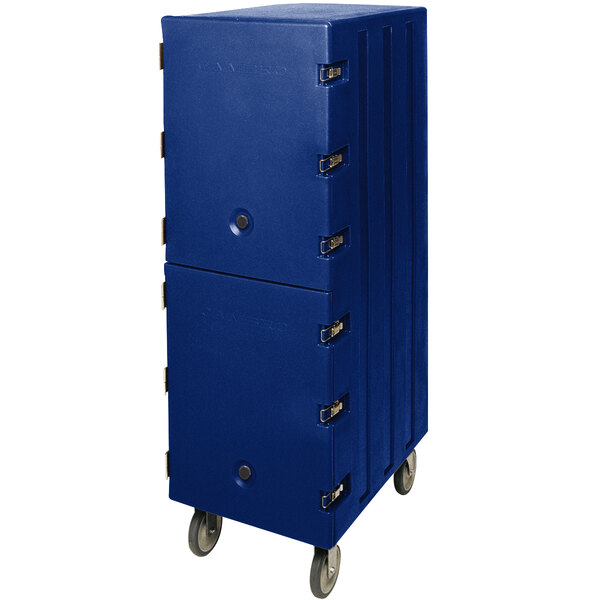 A navy blue plastic double compartment food storage box carrier with wheels.