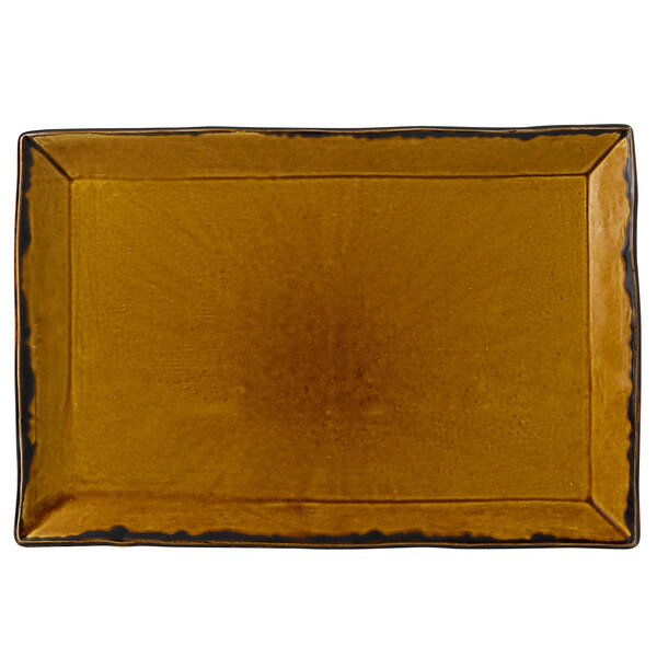 A brown rectangular china platter with black edges.