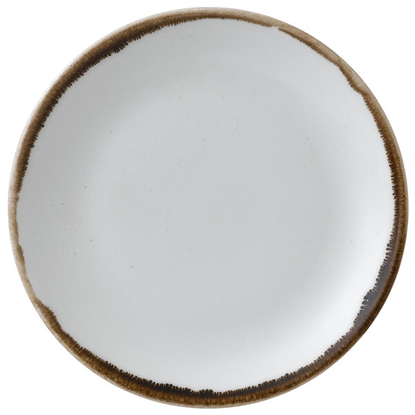 A white plate with brown speckles and a brown rim.