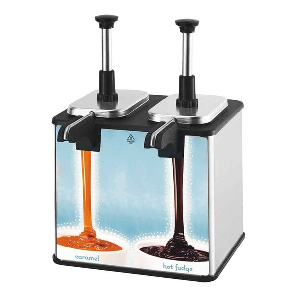 A Server EZ-Topper twin topping warmer with two heated spouts over two cups of liquid.