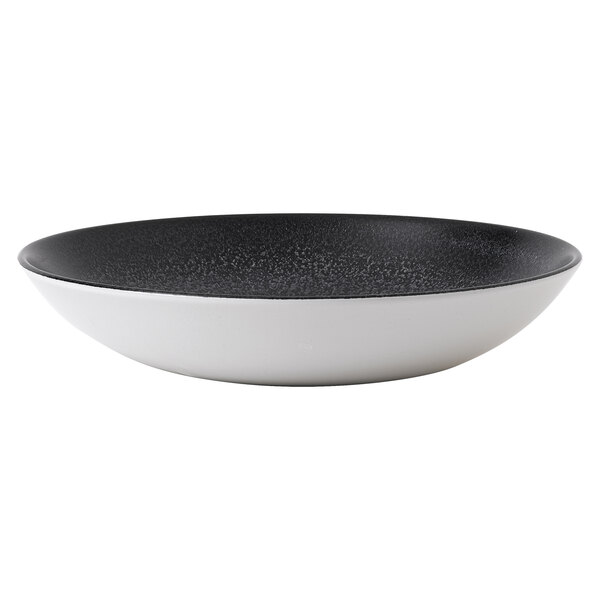 A Dudson black china bowl with white specks and rim.