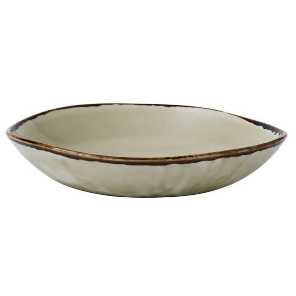 A Dudson Harvest linen china bowl with a brown rim.