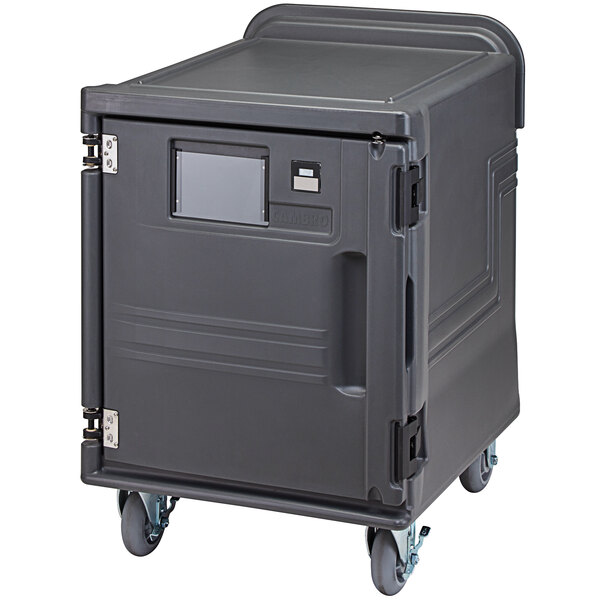 A large grey plastic Cambro food holding box on wheels.