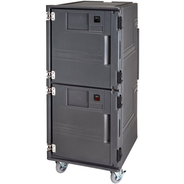 A grey Cambro tall profile food holding cabinet on wheels.