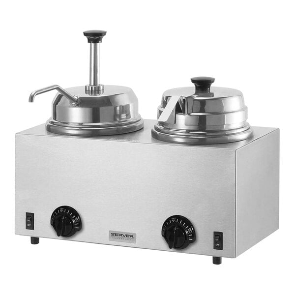 A Server Twin stainless steel round topping warmer with pump and ladle.