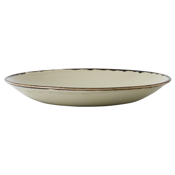 A Dudson Harvest linen china plate with a rim with black lines.