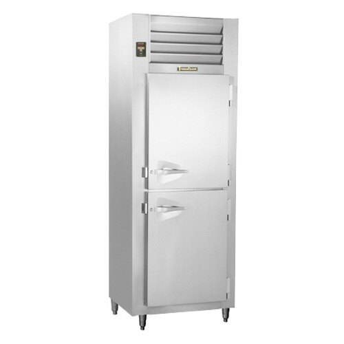 A white Traulsen reach-in freezer with a door and vent.
