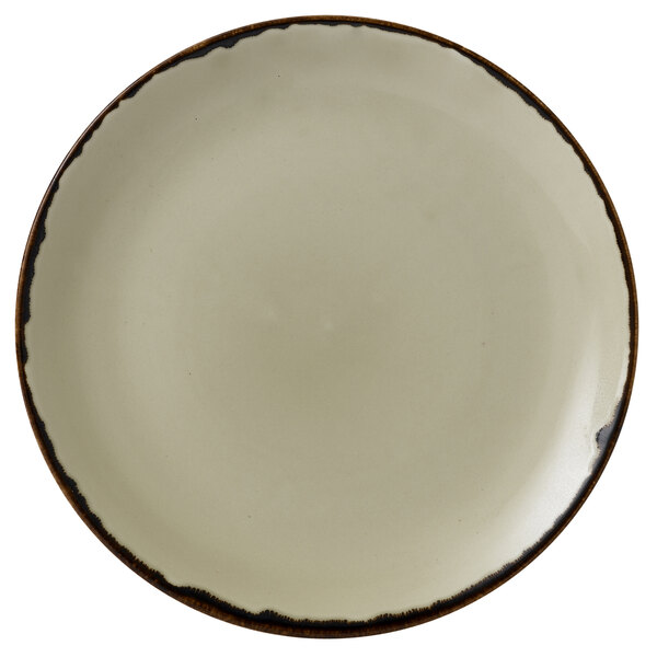 A close-up of a Dudson Harvest linen coupe china plate with a brown border.