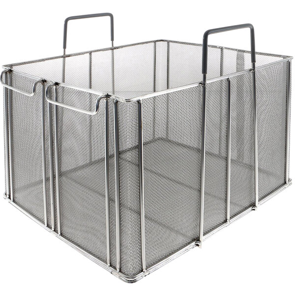 A stainless steel wire mesh Pitco pasta basket with handles.
