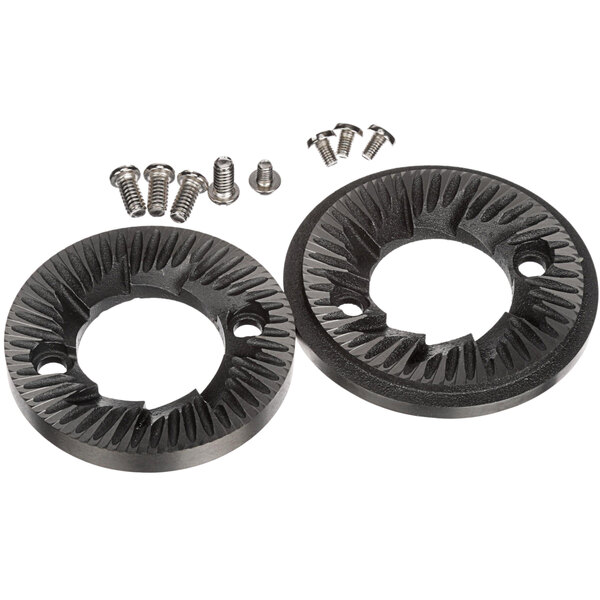 A black metal circular burr set with screws and nuts.