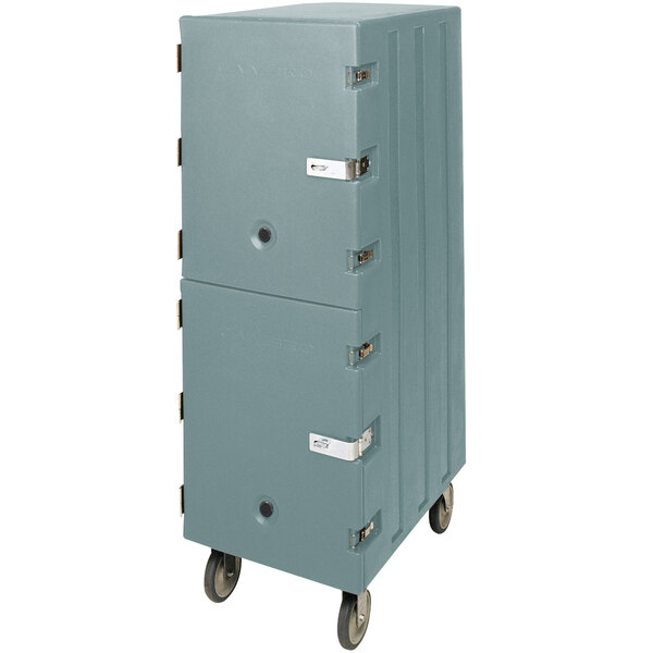 A slate blue Cambro double compartment food storage box carrier with wheels.
