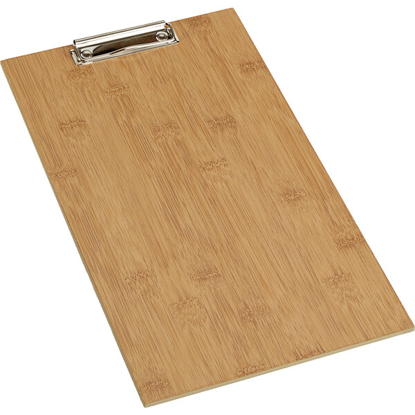 An American Metalcraft bamboo wood clipboard menu holder with a metal clip.