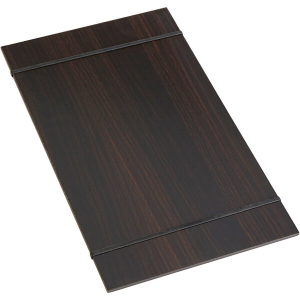 An American Metalcraft espresso wood menu holder with black rubberbands on a wood table.