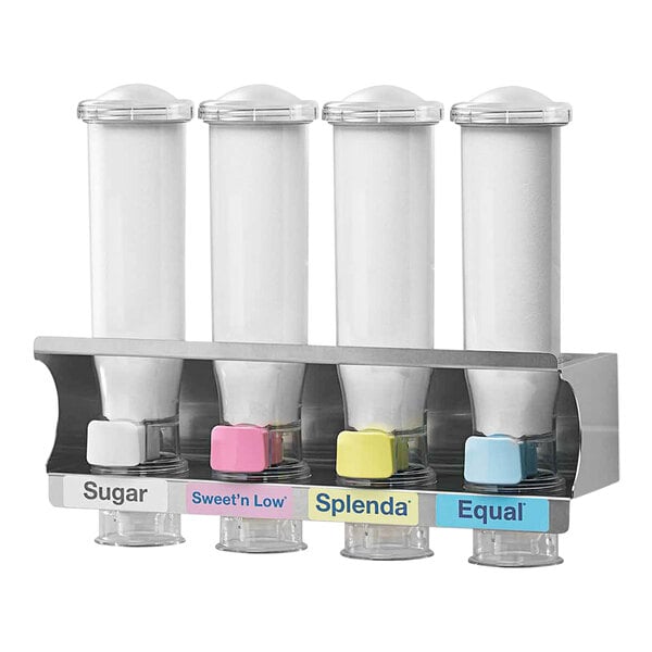 A Server InSweeten SweetStation Quad Sweetener Dispenser with three compartments and different colored labels.