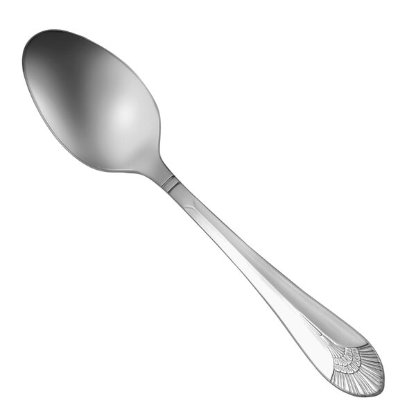 An Oneida New York stainless steel soup/dessert spoon with an oval bowl and extra heavy weight.