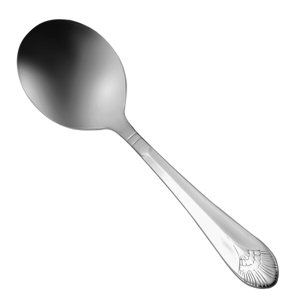 An Oneida stainless steel bouillon spoon with a handle.