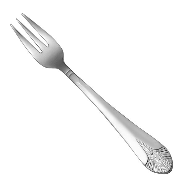 An Oneida stainless steel oyster/cocktail fork with a silver handle and design.
