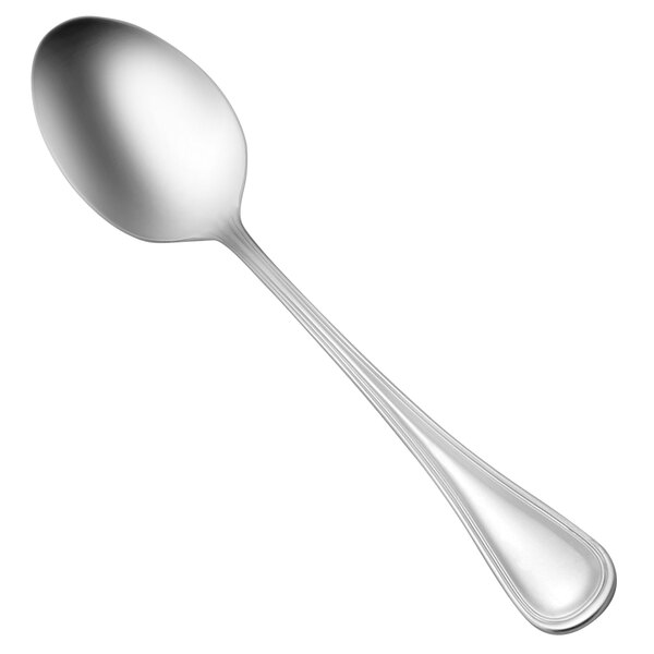 A close-up of a Oneida Barcelona stainless steel serving spoon with a silver handle.