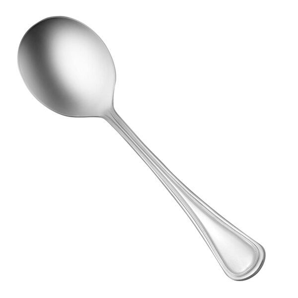 A Oneida Barcelona stainless steel soup spoon with a silver handle.