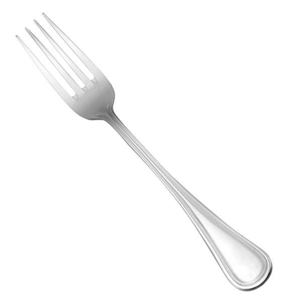 A Oneida Barcelona stainless steel European fork with a silver handle.