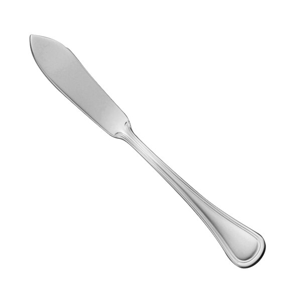 A Oneida Barcelona stainless steel butter spreader with a long handle.