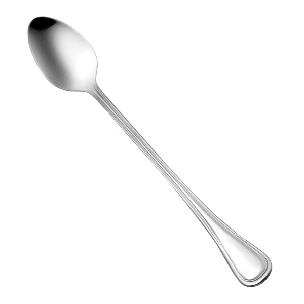 A close-up of a Oneida Barcelona stainless steel iced tea spoon with a silver handle.