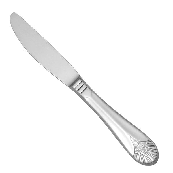 A silver Oneida butter knife with a shell design on the handle.