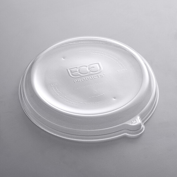 A white Eco-Products plastic dome lid with a logo on it.