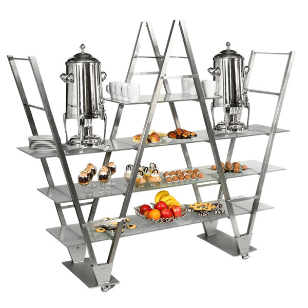 A stainless steel Eastern Tabletop mobile buffet display with acrylic shelves holding food.