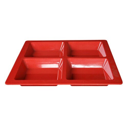 A red tray with four rectangular sections.