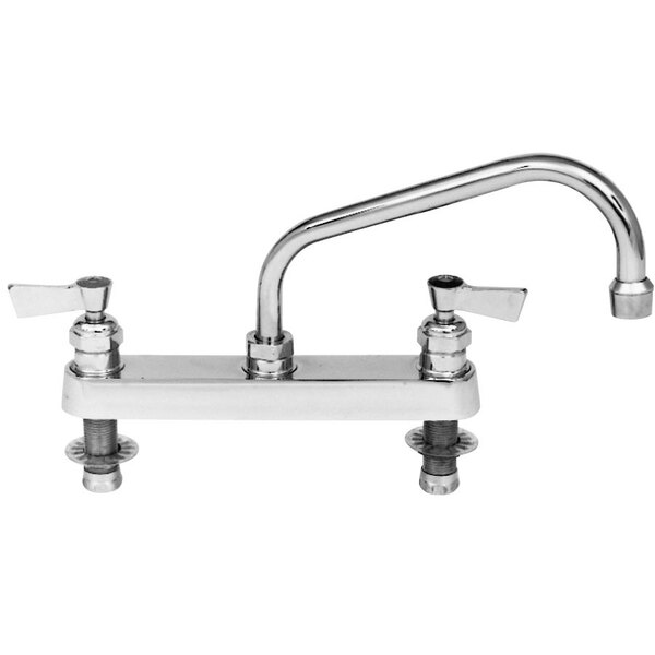 A chrome Fisher deck-mounted swivel faucet with two handles.