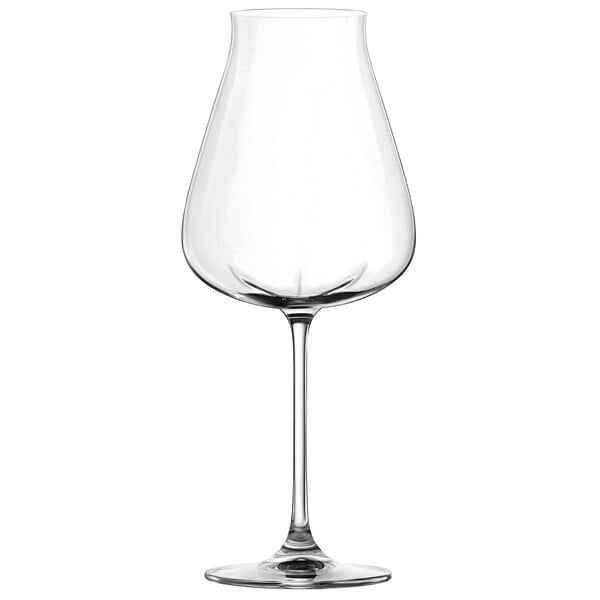 A close-up of a clear Lucaris Robust Red Wine Glass with a stem.