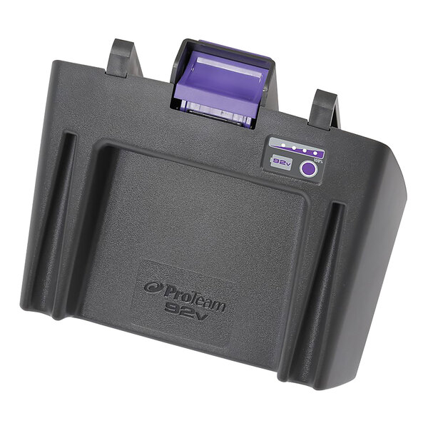 A black plastic ProTeam 92V lithium ion battery with a purple lid.