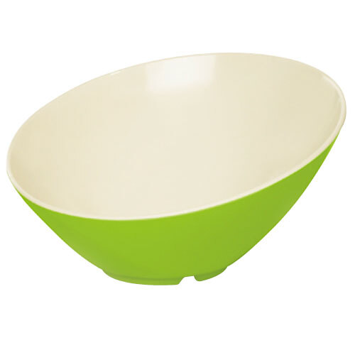 A green bowl with a white rim.