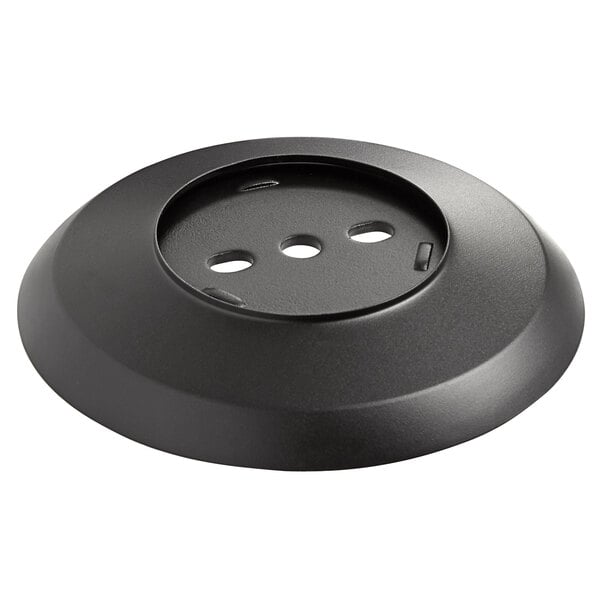 A black round Lancaster Table & Seating Excalibur bolt down table base plate with three holes.