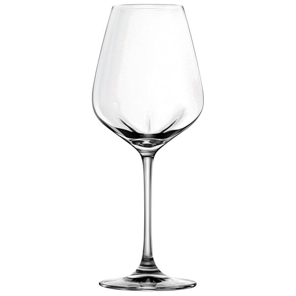 A close-up of a clear Lucaris Desire wine glass with a stem.