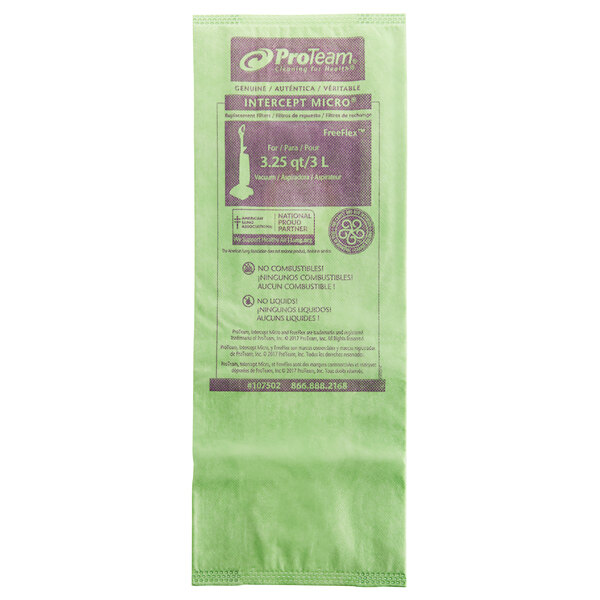 A green ProTeam vacuum bag with a purple and green label.