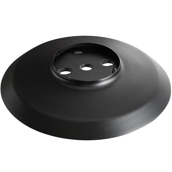 A black round Lancaster Table & Seating Excalibur bolt down table base plate with holes.