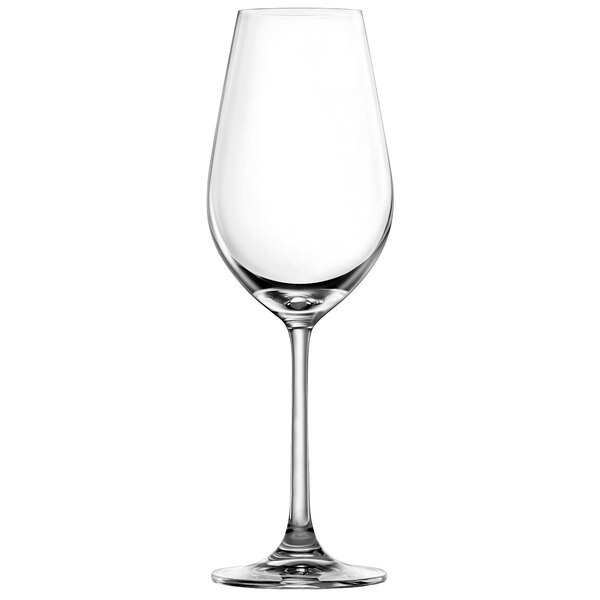 A close-up of a clear Lucaris Desire wine glass with a long stem.
