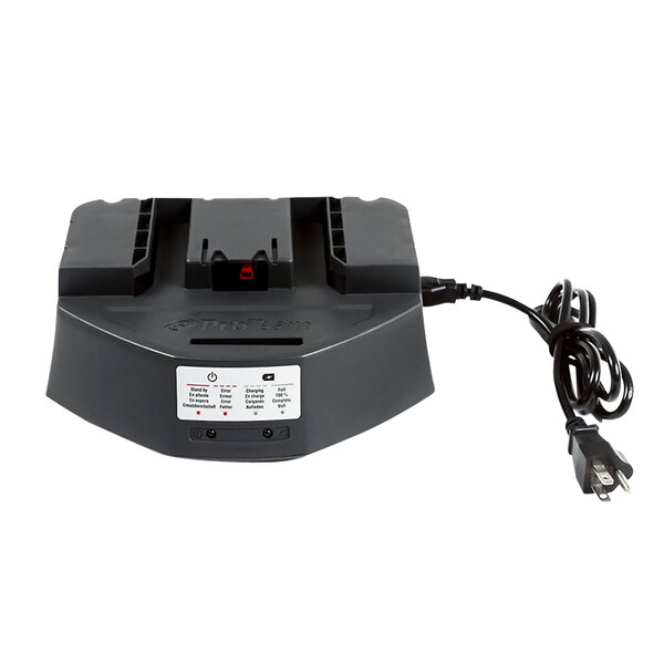 A black ProTeam GoFree Flex Pro vacuum battery charger with a cord.